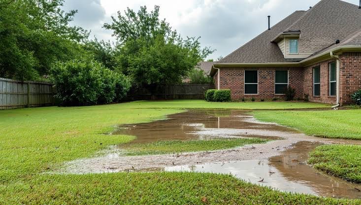 standing water in backyard after rain near lawn